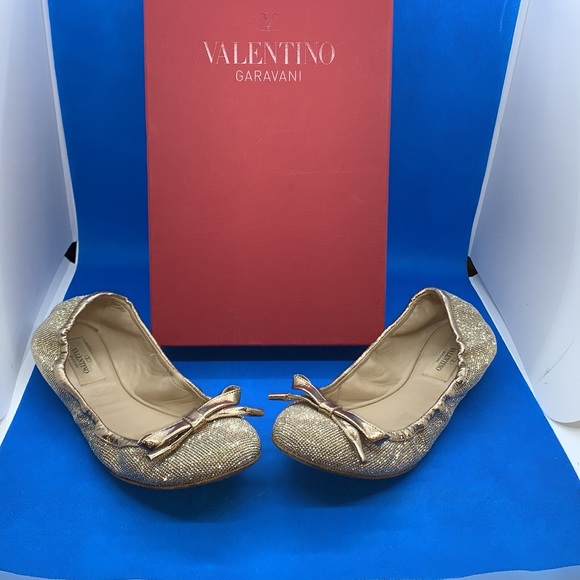 AUTHENTIC VALENTINO GARAVANI ROCKSTUD BALLERINAS micro studs bow  shoes 38 gold - Picture 1 of 17